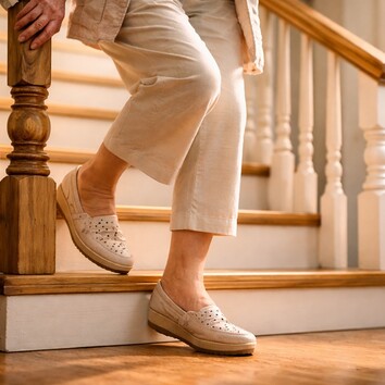 1906752506 | © Elena - stock.adobe.com Seniorin in orthopädischen Loafern und beiger Kleidung geht die Treppe herunter