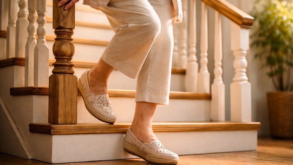 1906752506 | © Elena - stock.adobe.com Seniorin in orthopädischen Loafern und beiger Kleidung geht die Treppe herunter